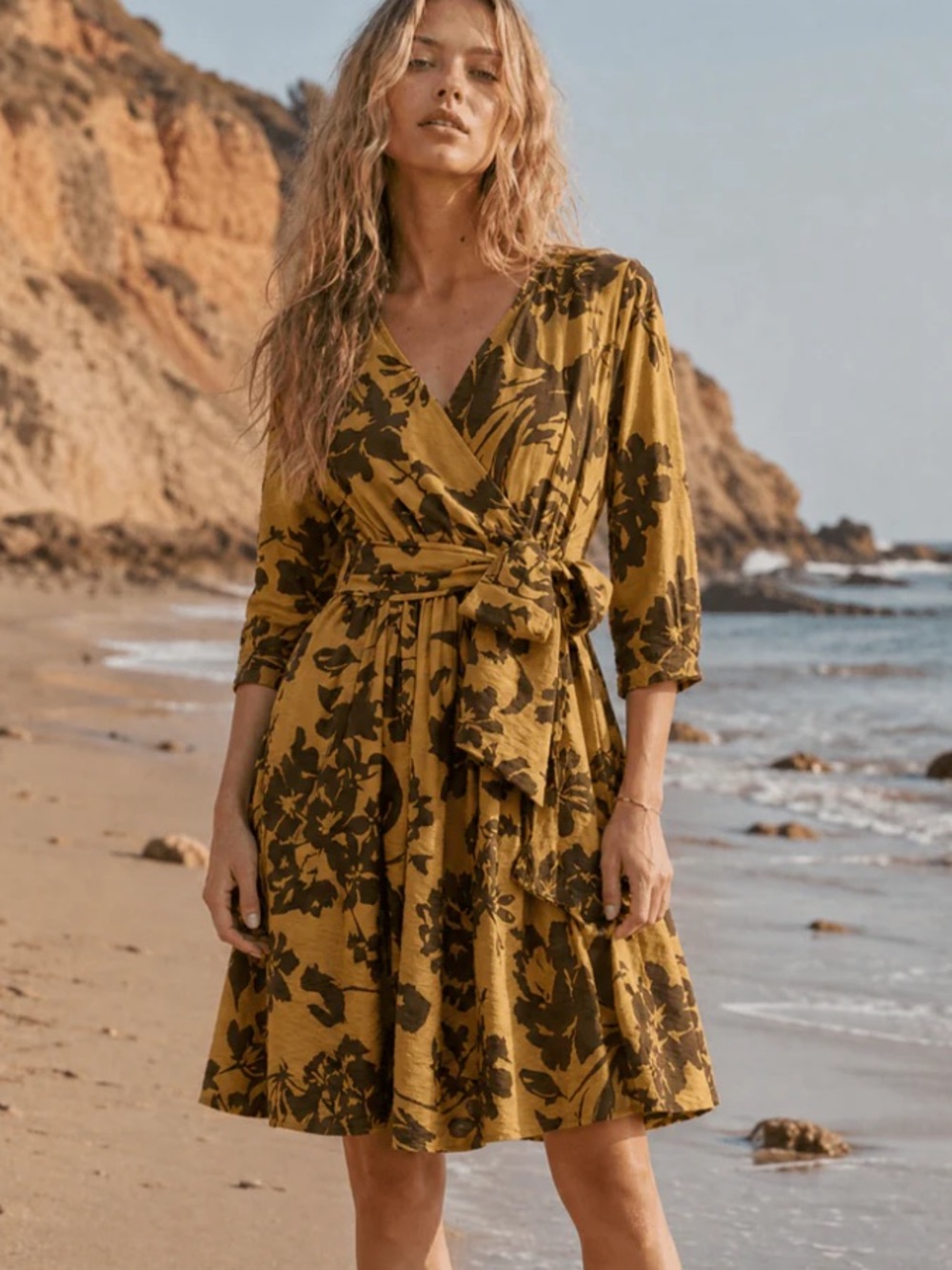 Mustard Yellow Floral Wrap Dress